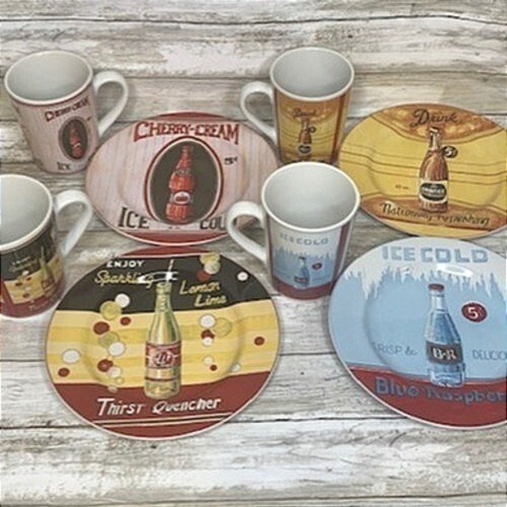 Sakura Soda Fountain Set Of 4 Stoneware Mugs and Plates